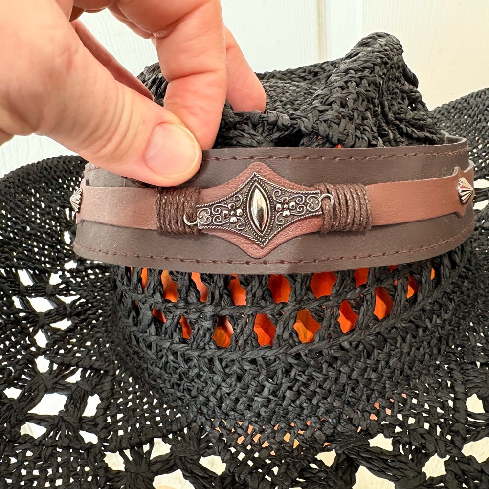 Men’s Black Straw Cowboy Hat With Vegan Leather Concho Band~Large - Picture 4 of 5